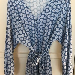 Blue and white Long sleeve, wrap dress with sash